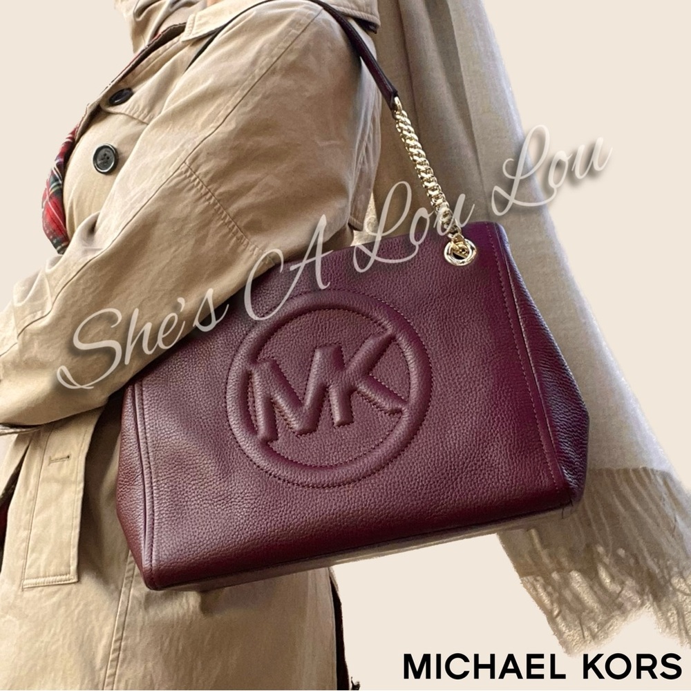 🆕Michael Kors Brynn Medium Leather Tote shoulder bag in burgundy w/Scarf